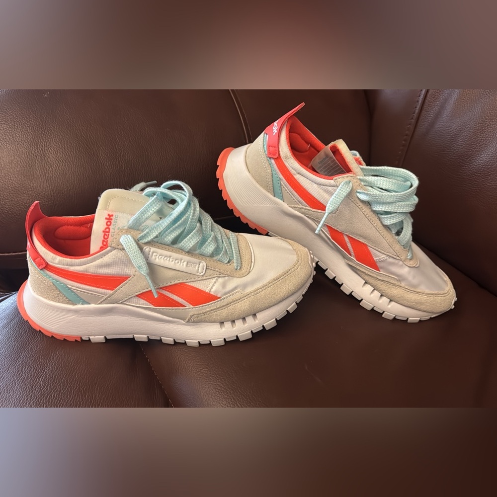 Reebok Kids Retro Runner Sneakers in White, Coral & Light Blue